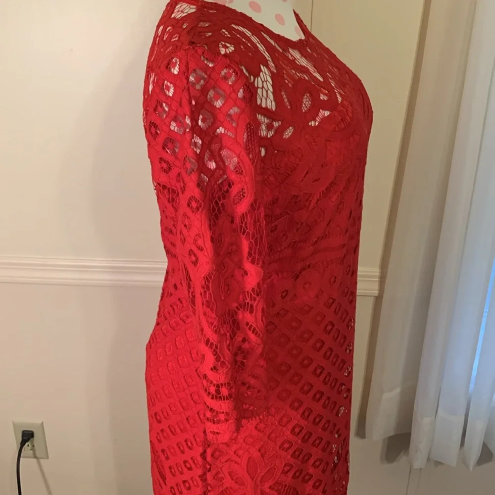 Just Taylor Elegant Red Lace Dress Sz 4 NEW Gorgeous body lined Sheer neck/Arms